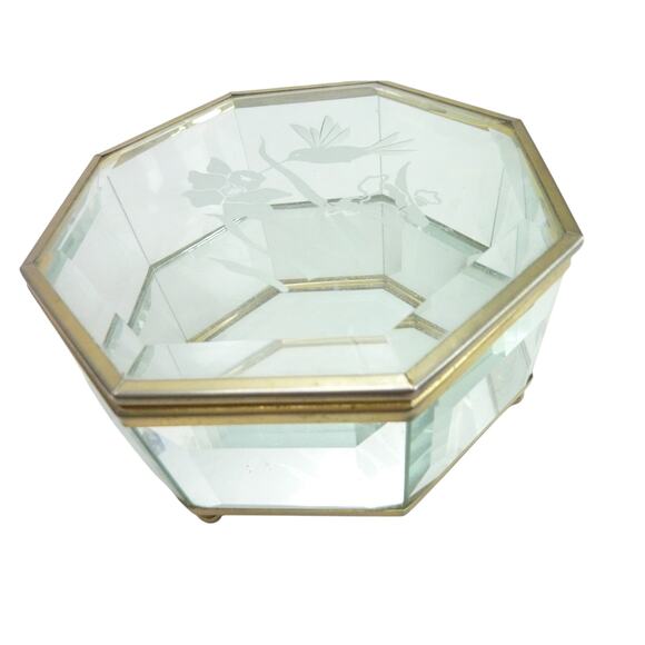 Vintage Etched Glass Brass Trinket Jewelry Box Chest Footed Hummingbirds - Picture 2 of 7